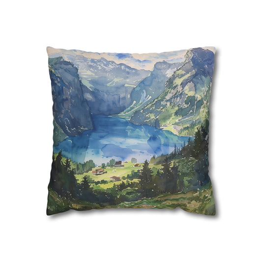 "Alpine Majesty Pillowcase - Swiss Alps Watercolor Design, High-Quality Material, Perfect for All Seasons. Buy Now!"