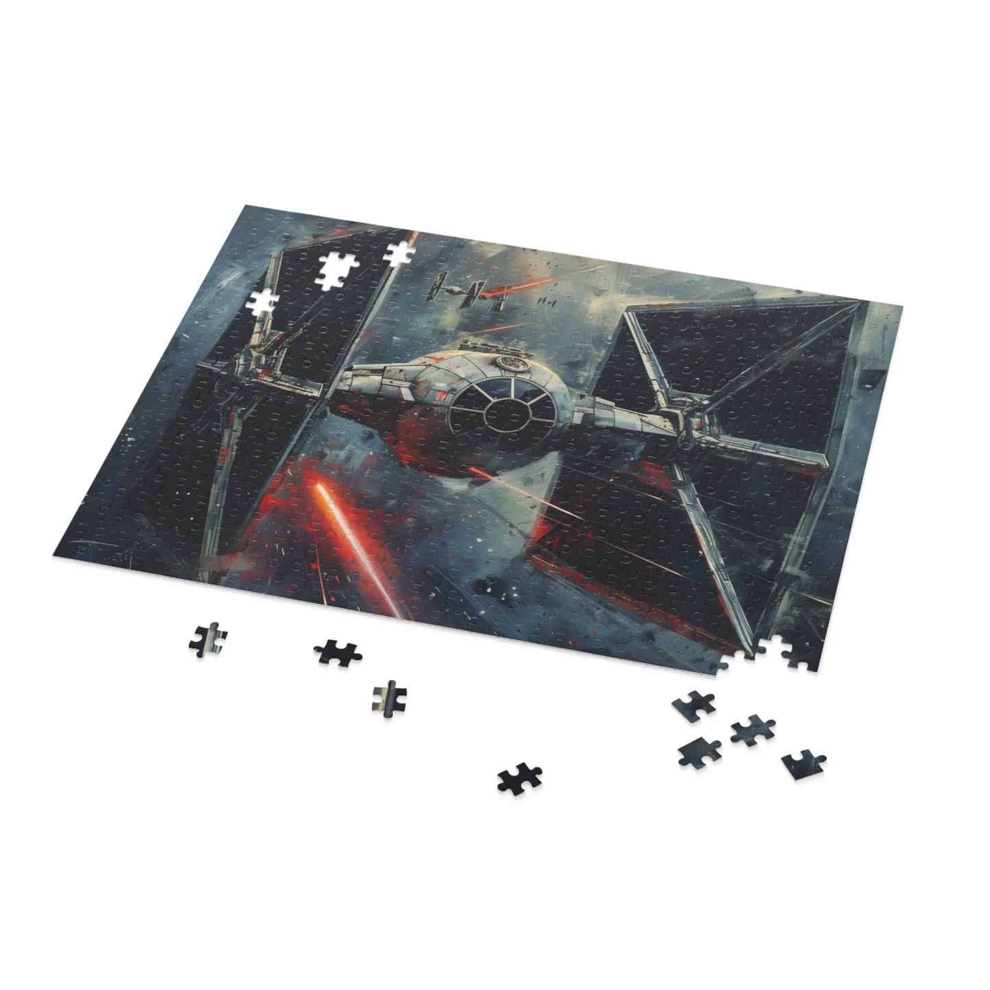 "Star Wars Tie Fighter jigsaw puzzle - iconic spaceship design, perfect for fans of the franchise"