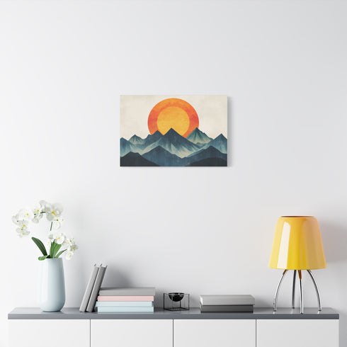 Retro Wave Mountains with Glowing Sun — Canvas Wall Art — Kiln-Dried Pine Frame & Ready-to-Hang Back View