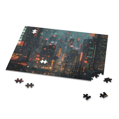 "Neon Cyberpunk City Puzzle - Sci-Fi Jigsaw with Futuristic Skyscrapers, Challenging Design"