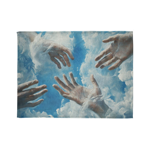 Painted Clouds Forming Human Hands — Plush Fleece Throw Blanket — 300 GSM Plush Coral Fleece Texture Close-Up