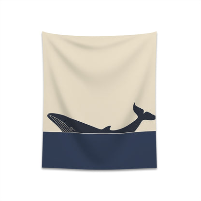 "Minimalist whale tapestry for home decor: Ocean Wanderer in deep blue waters, high-quality material, great gift, available in 34"x40" and 57"x57" sizes."