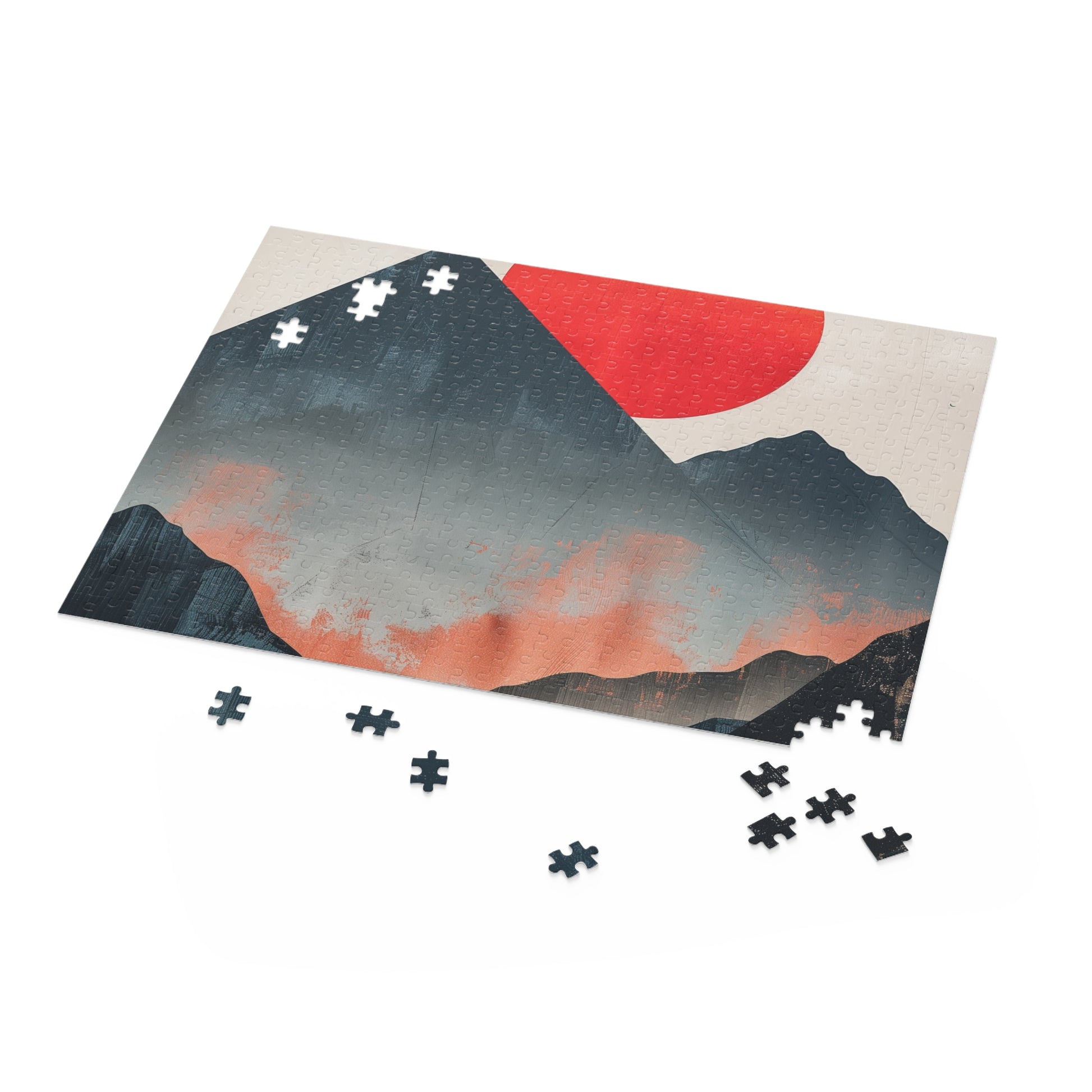 "Sunrise Mountain jigsaw puzzle with minimalist mountain range and soft sunrise hues"