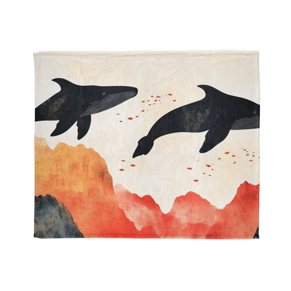 Sky Whales Swimming Through Mountains — Plush Fleece Throw Blanket — Draped Over Sofa & Bed Lifestyle View