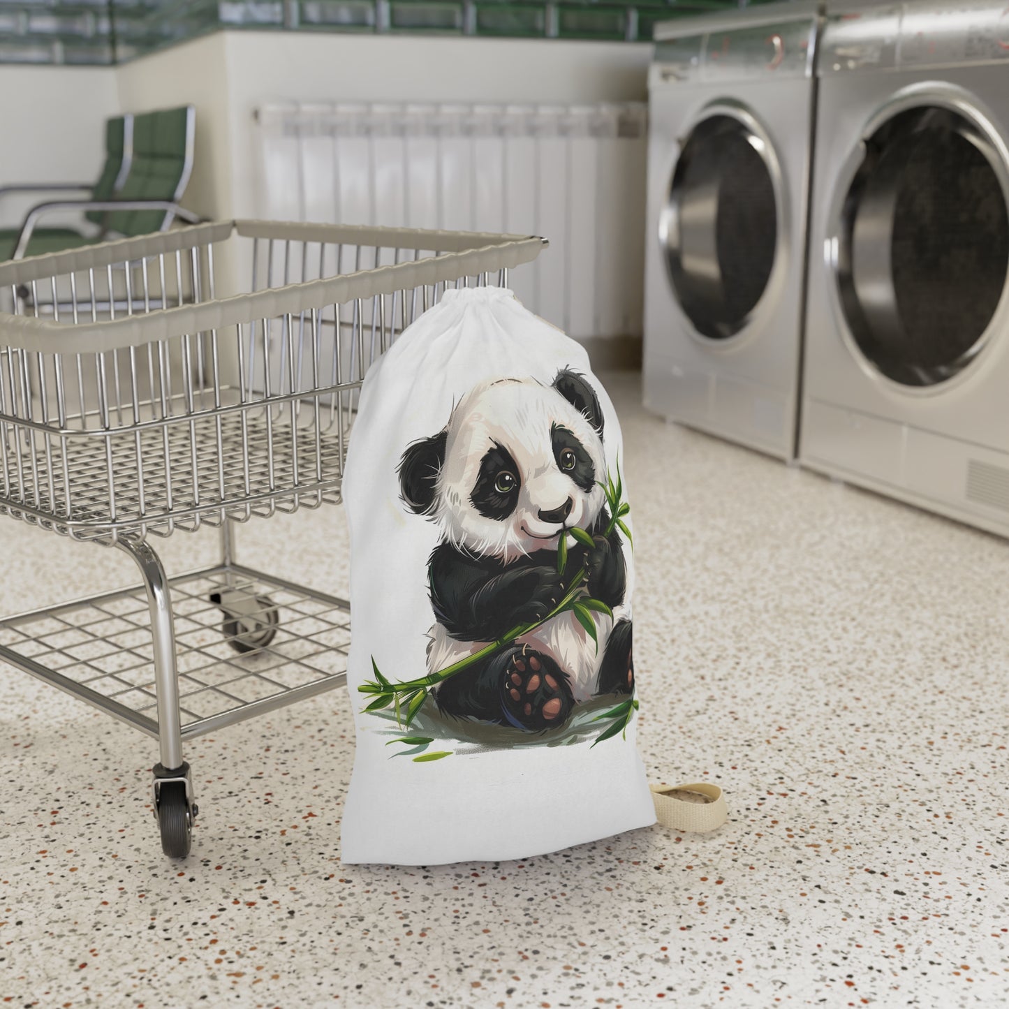 "Adorable panda bamboo laundry bag for stylish laundry carrying, cute panda munching on bamboo design"