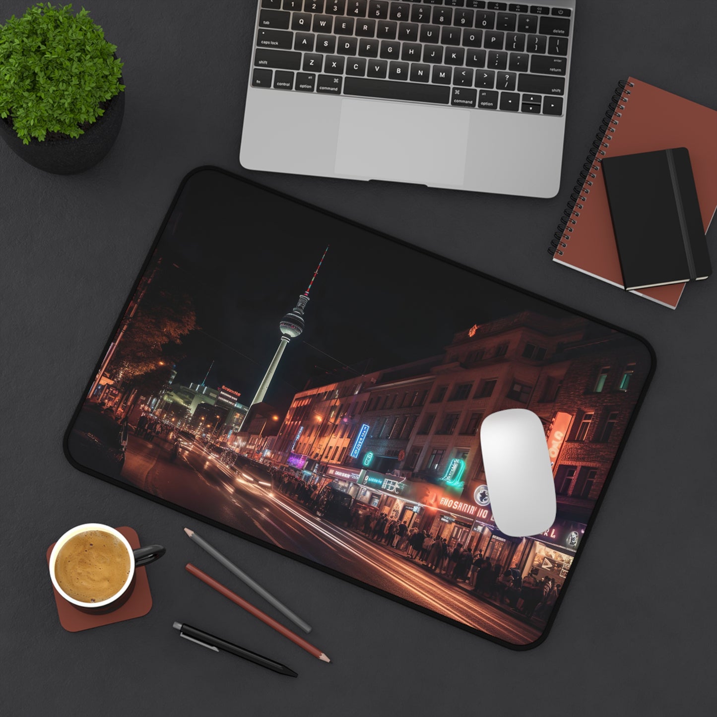 "Berlin Night Desk Mat - Urban sophistication with cityscape design for modern office setup"