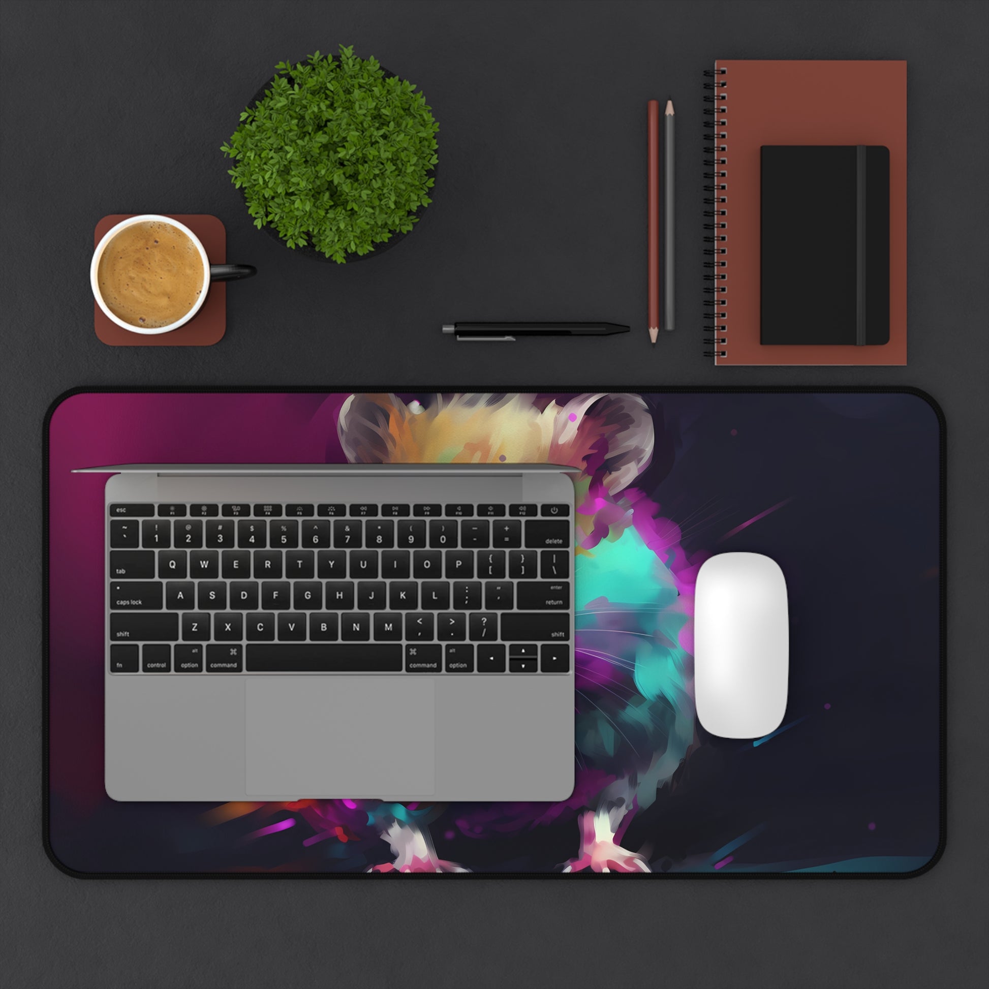 Neon Hamster Watercolor Desk Mat - Brighten up your workspace with this adorable hamster-themed desk accessory that adds a playful touch while protecting surfaces.