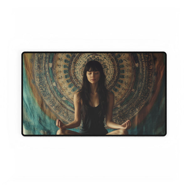 Woman Meditating Inside a Mandala — XL & XXL Desk Mat — Gaming & Workspace Desk Setup View