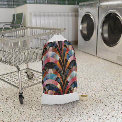 "Art Deco Laundry Bag Collection with bold abstract patterns, durable materials, and drawstring closure for easy transport"