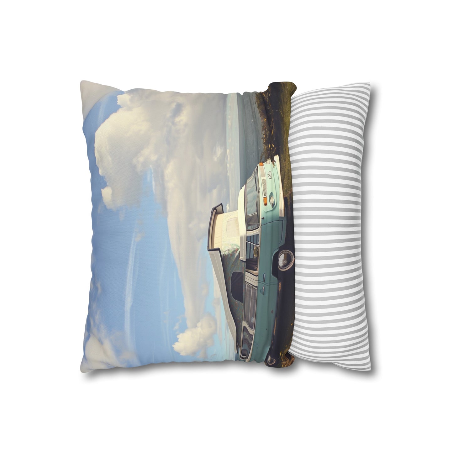 "Seaside Camper Dreams Pillowcase - Blue camper van by the ocean, perfect for dreamy nights"