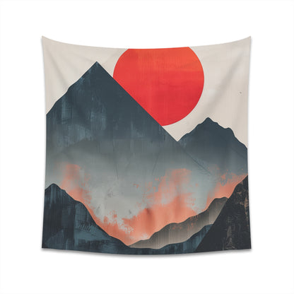 "Sunrise Majesty Mountain Tapestry: Tranquil minimalist design perfect for all seasons, high-quality material, great gift option - 34" × 40" or 57" × 57" sizes available"