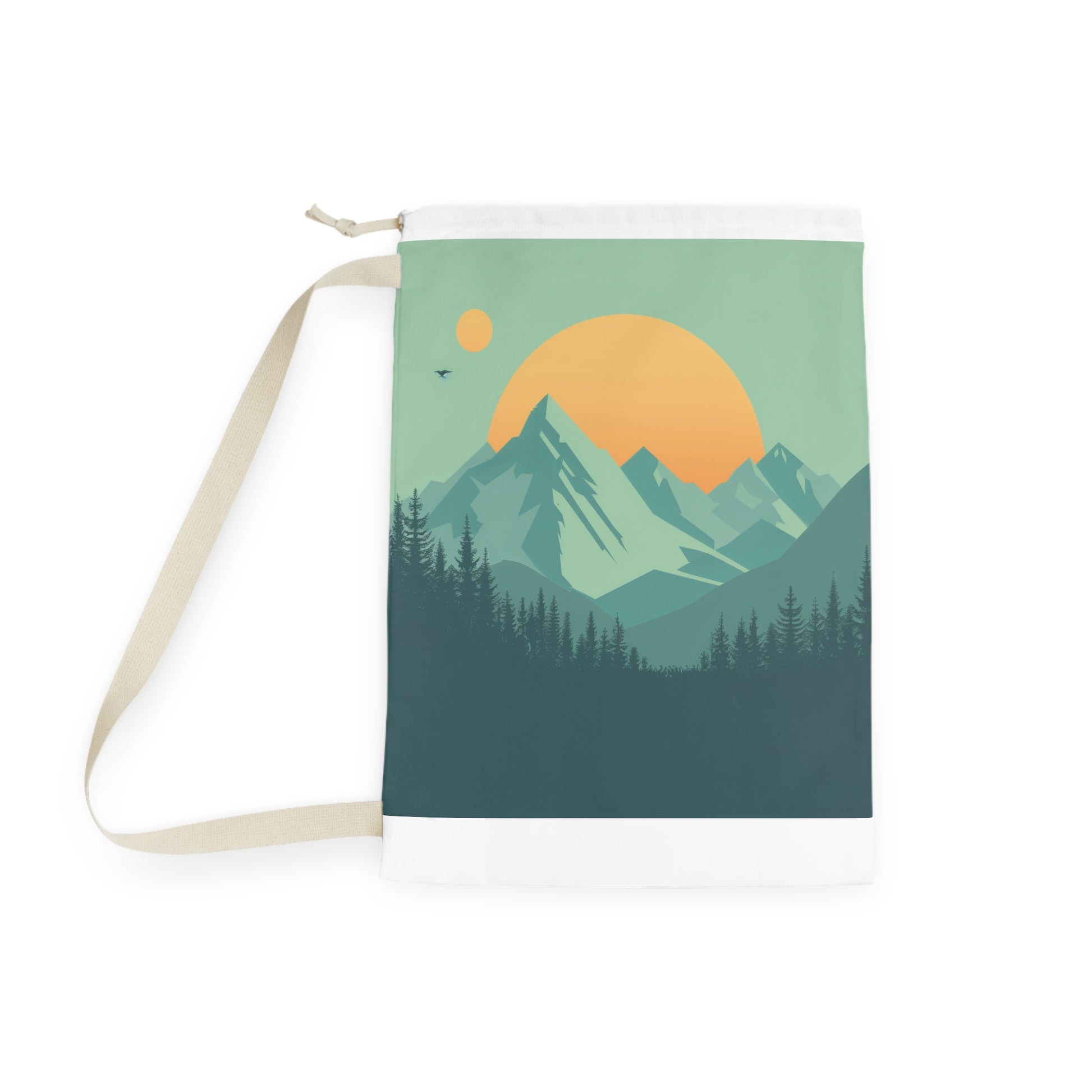 "Mountain Dream Laundry Bag - minimalist design with mountain landscape, stay organized in style while tackling laundry"