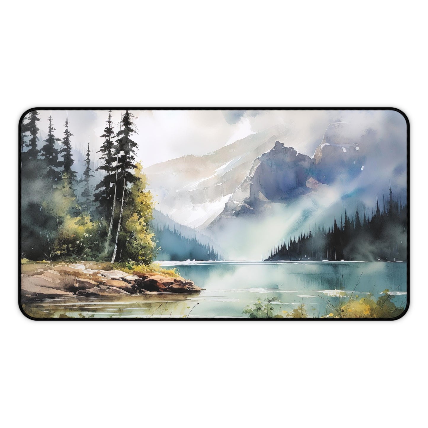 "Serene wilderness lake desk mat for a nature-inspired workspace and increased productivity"