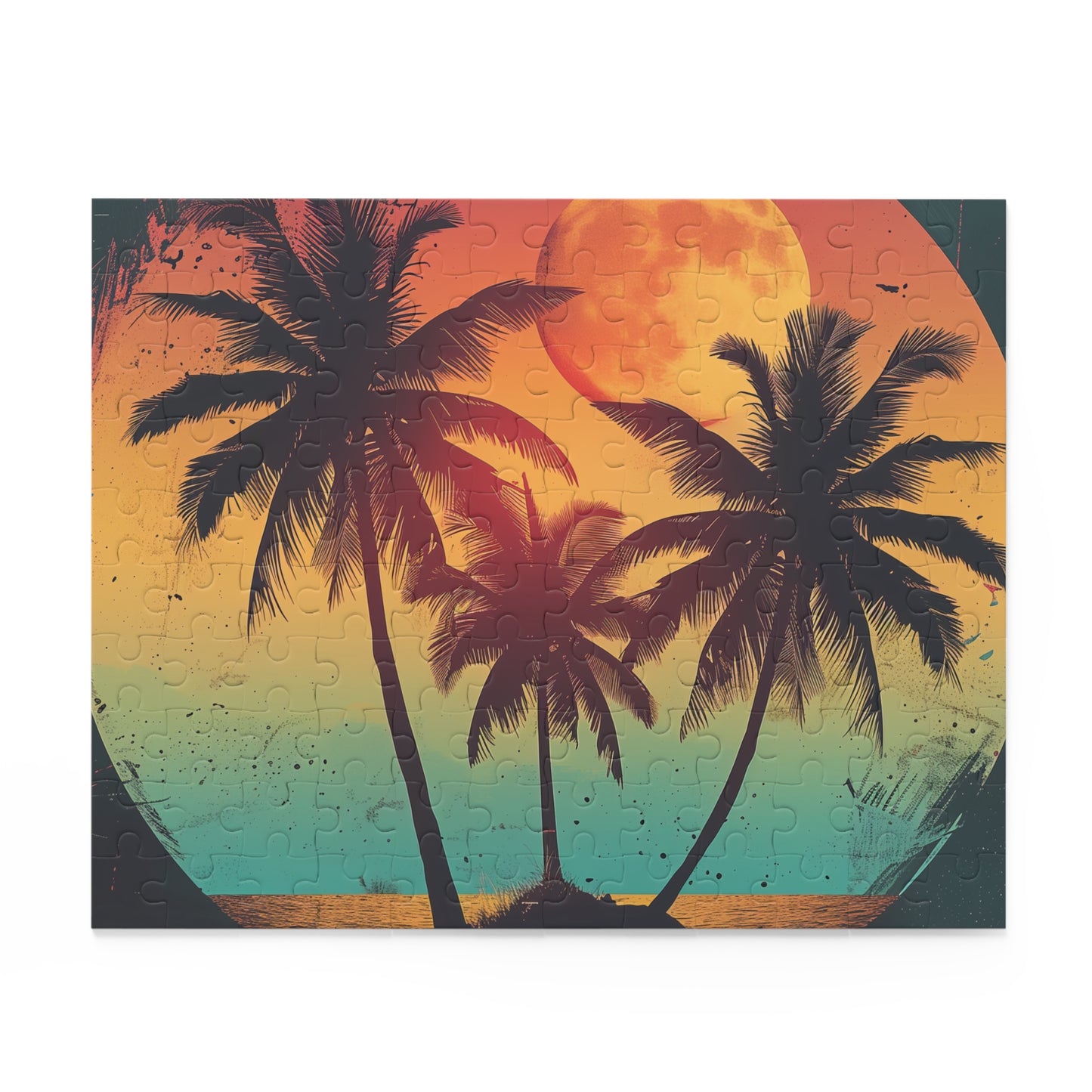 "Tropical Twilight Jigsaw Puzzle, retro sunset scene with palm trees, perfect for relaxation and nostalgia"