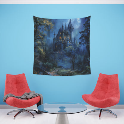 Enchanted Realm: A Moonlit Castle Tapestry | Wall Tapestry | All Over Print, AOP, Decor, Halloween, Home & Living, Home Decor, Indoor, Spring Essentials, Sublimation, Tapestry | Prints with Passion