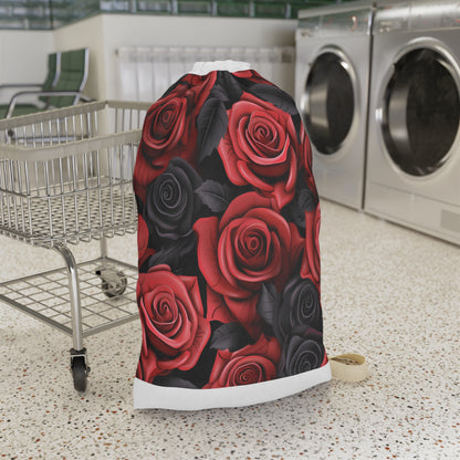 "Rose Blossom Laundry Bag - Red, pink, and black rose patterned bag for stylish laundry organization"