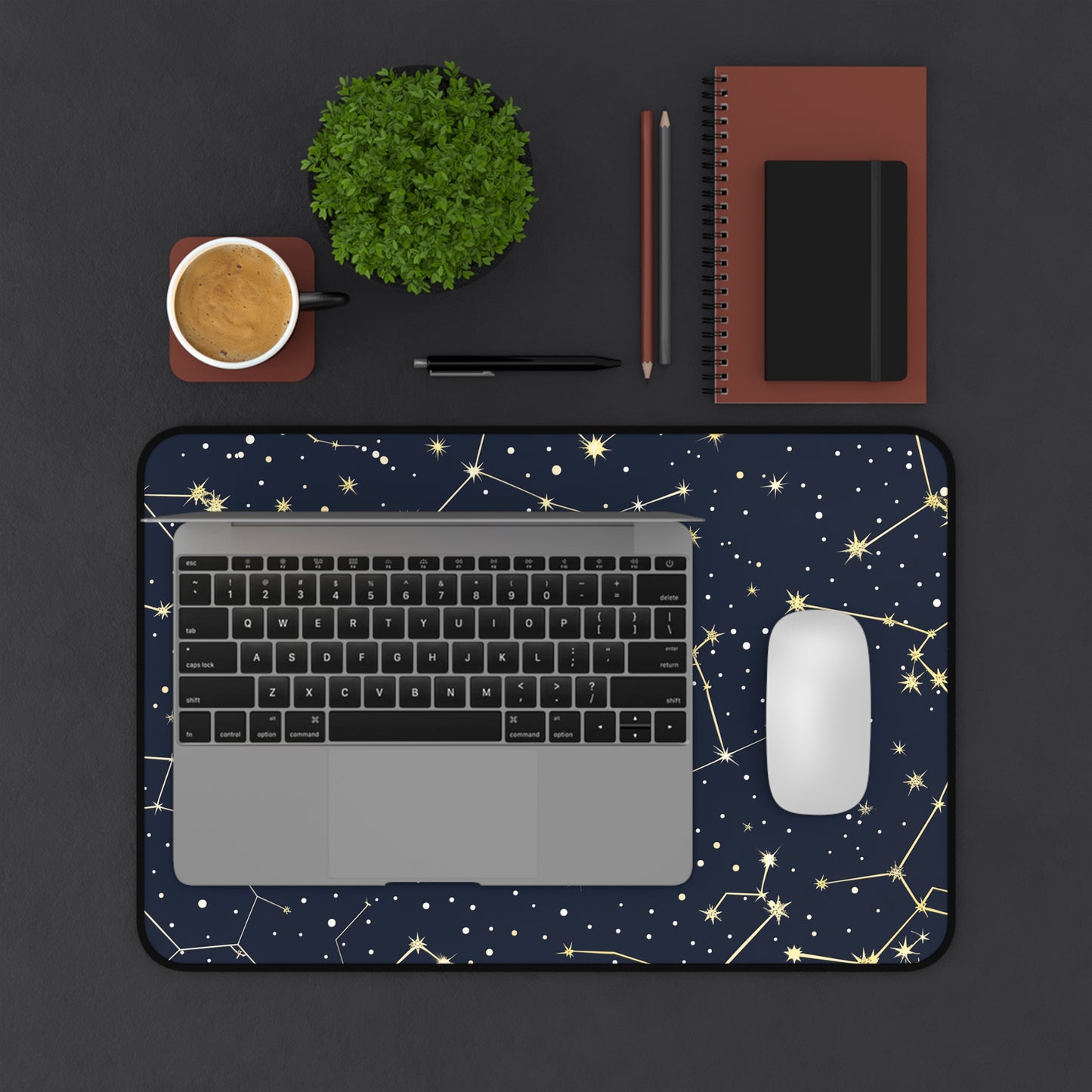 "Starry Night Desk Mat - Illuminate your workspace with celestial constellation stars pattern"