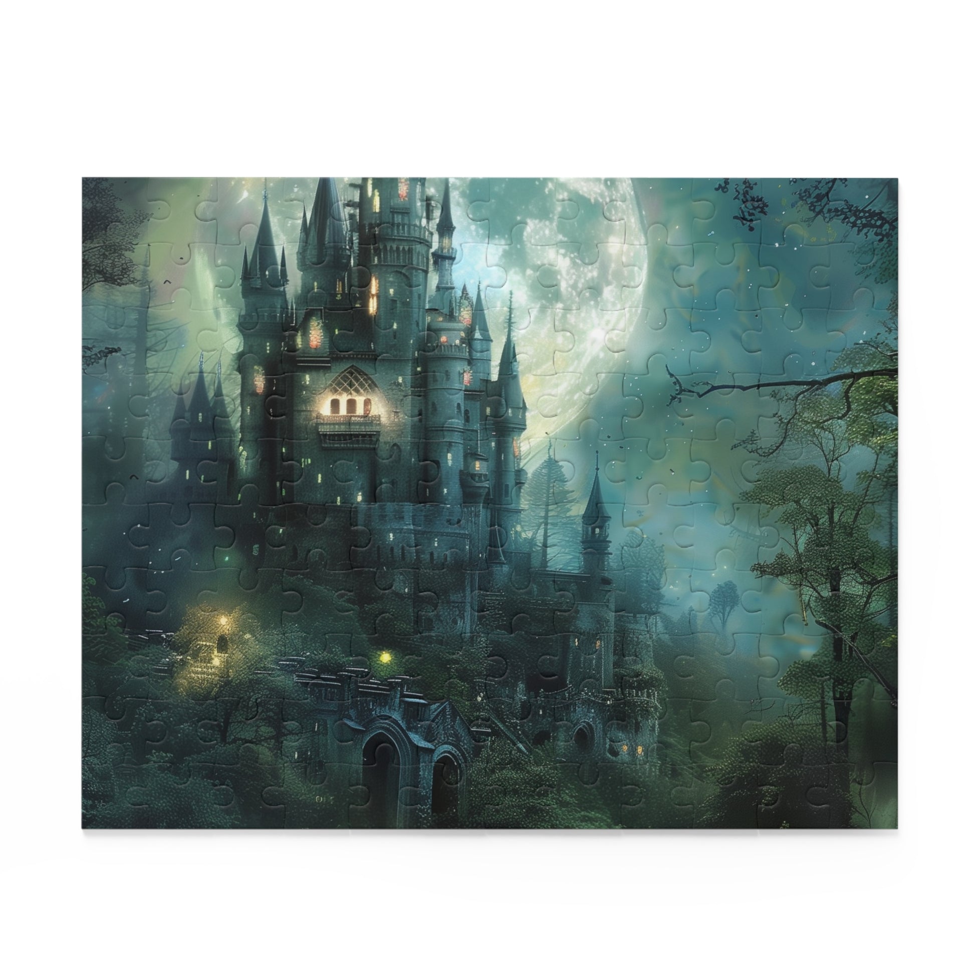 "Enchanting Moonlit Forest Castle Jigsaw Puzzle - Explore a fantasy realm with this whimsical puzzle"