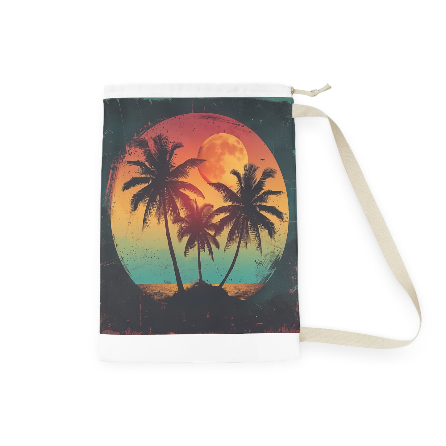 "Vintage retro palm tree laundry bag for organizing clothes with tropical sunset vibes"