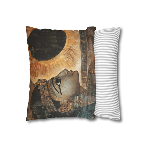 Ancient Mural Glowing under Eclipse (Edition II) — 40×40 Cushion Cover — Soft Brushed Fabric Texture Close-Up