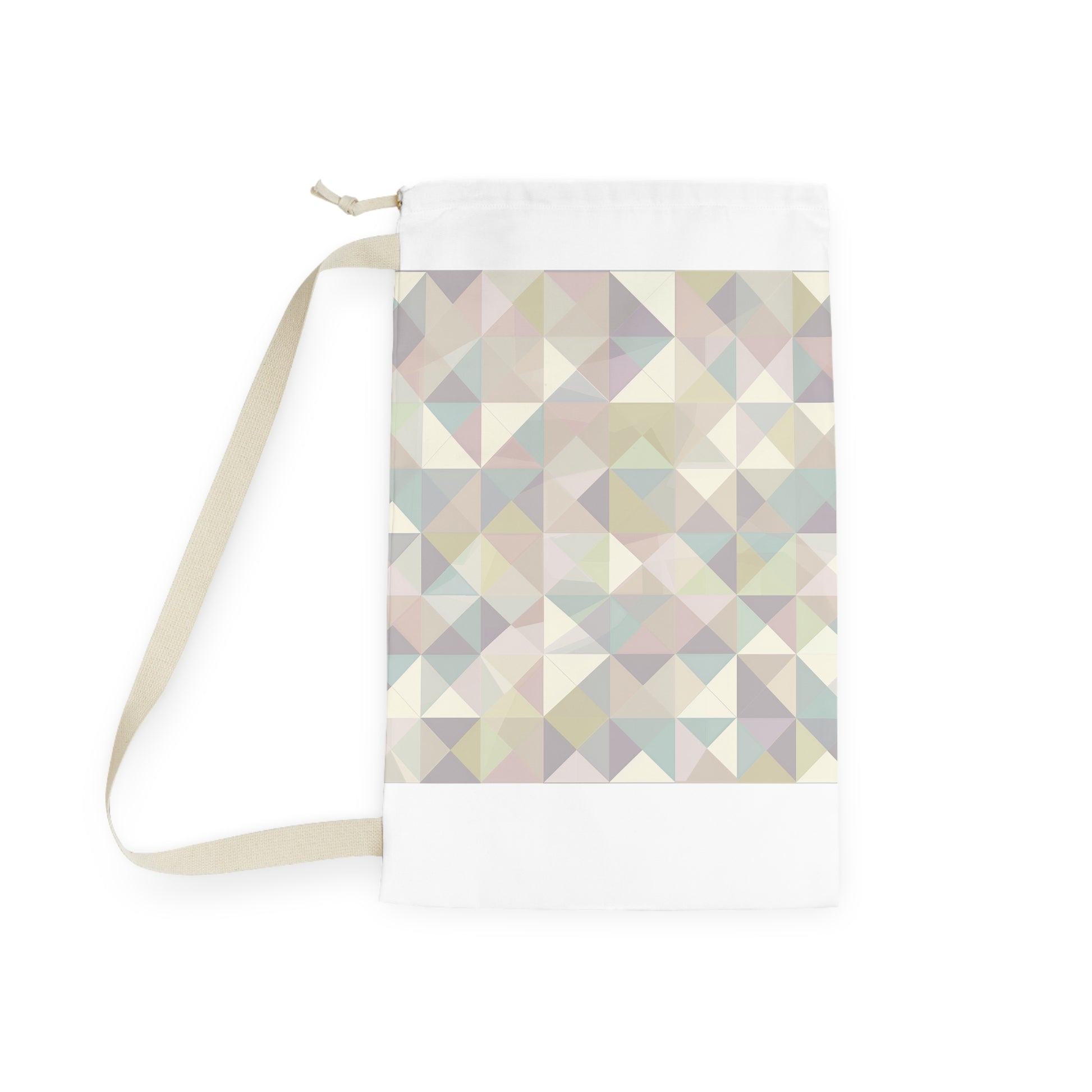 Soft pastel geometric pattern laundry bag for organized and stylish laundry routine.