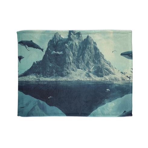 Floating Mountain Surrounded by Whales — Plush Fleece Throw Blanket — Full Flat Artwork View