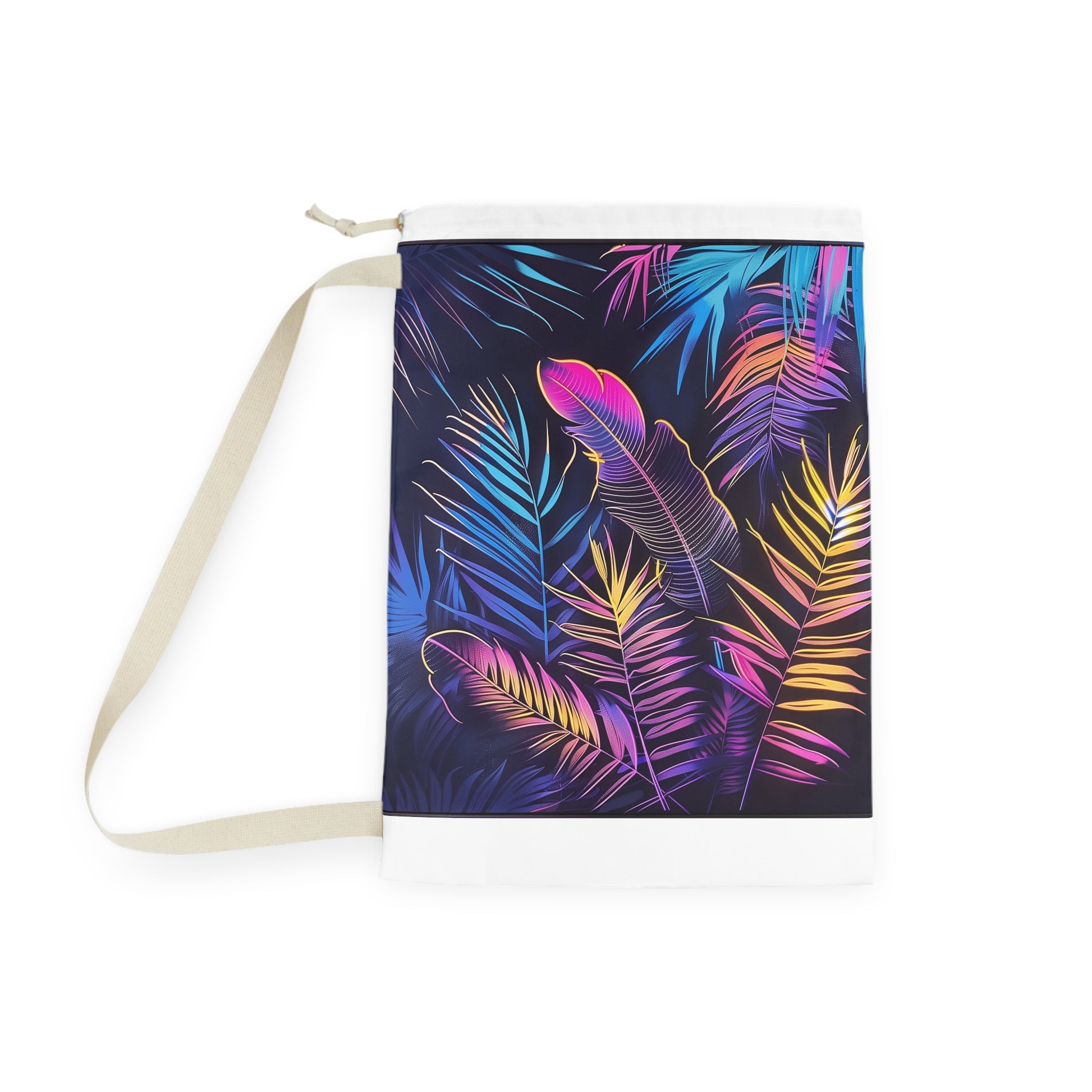 "Neon Tropical Paradise Laundry Bag with Vibrant Leaves and Palm Trees - Organize in Style!"