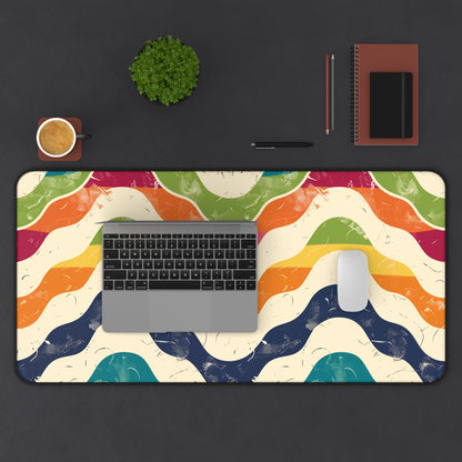 "Vibrant retro waves desk mat for stylish workspace, bold colors and seamless pattern"