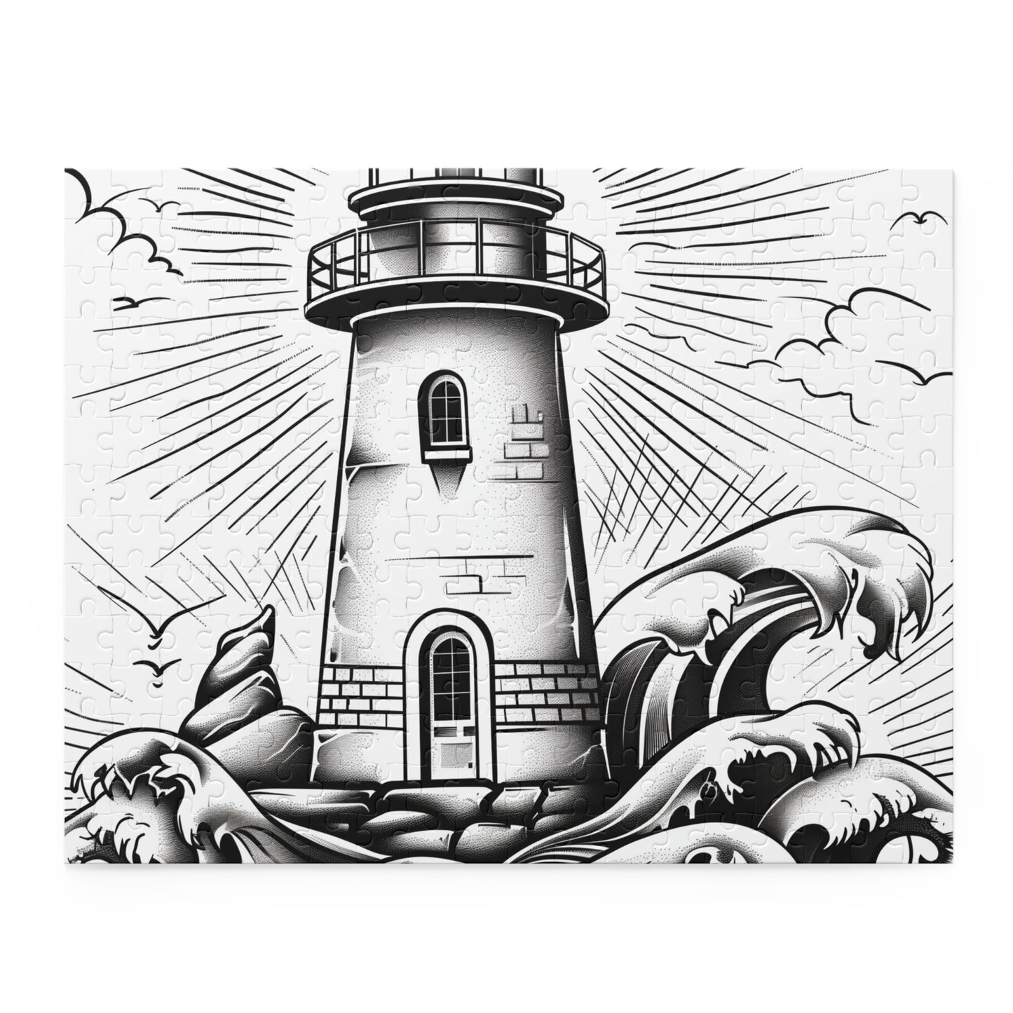 Coastal Beacon Jigsaw Puzzle - Hand-drawn lighthouse amid crashing waves, perfect for relaxing entertainment and wall decor.