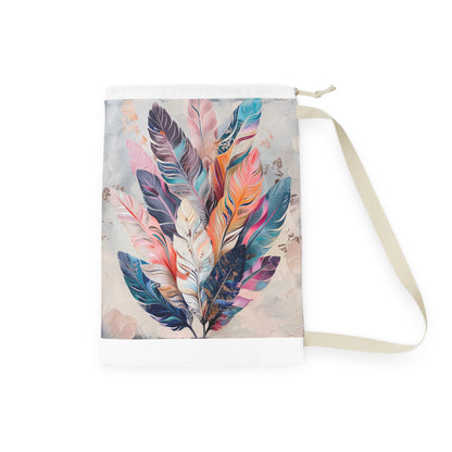 "Boho Feather Laundry Bag - Stylish laundry accessory with whimsical feather design"