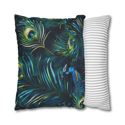 "Vibrant blue peacock feather pillowcase for luxurious bedroom oasis with seamless pattern design"