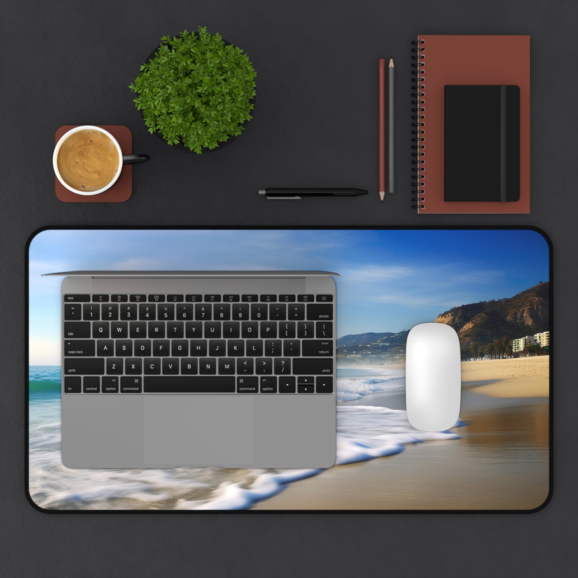 "Malibu Beach Desk Mat - Tranquil coastal workspace accessory for a serene home office"