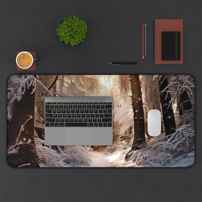 "Winter Forest Desk Mat - Transform your workspace into a serene winter wonderland with a peaceful snow-covered forest design"