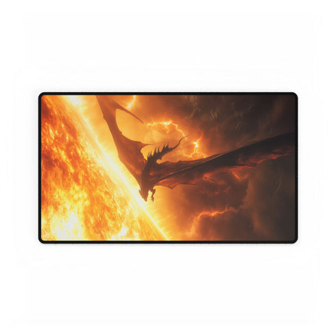 Solar Dragon Flying Between Suns — XL & XXL Desk Mat — Gaming & Workspace Desk Setup View