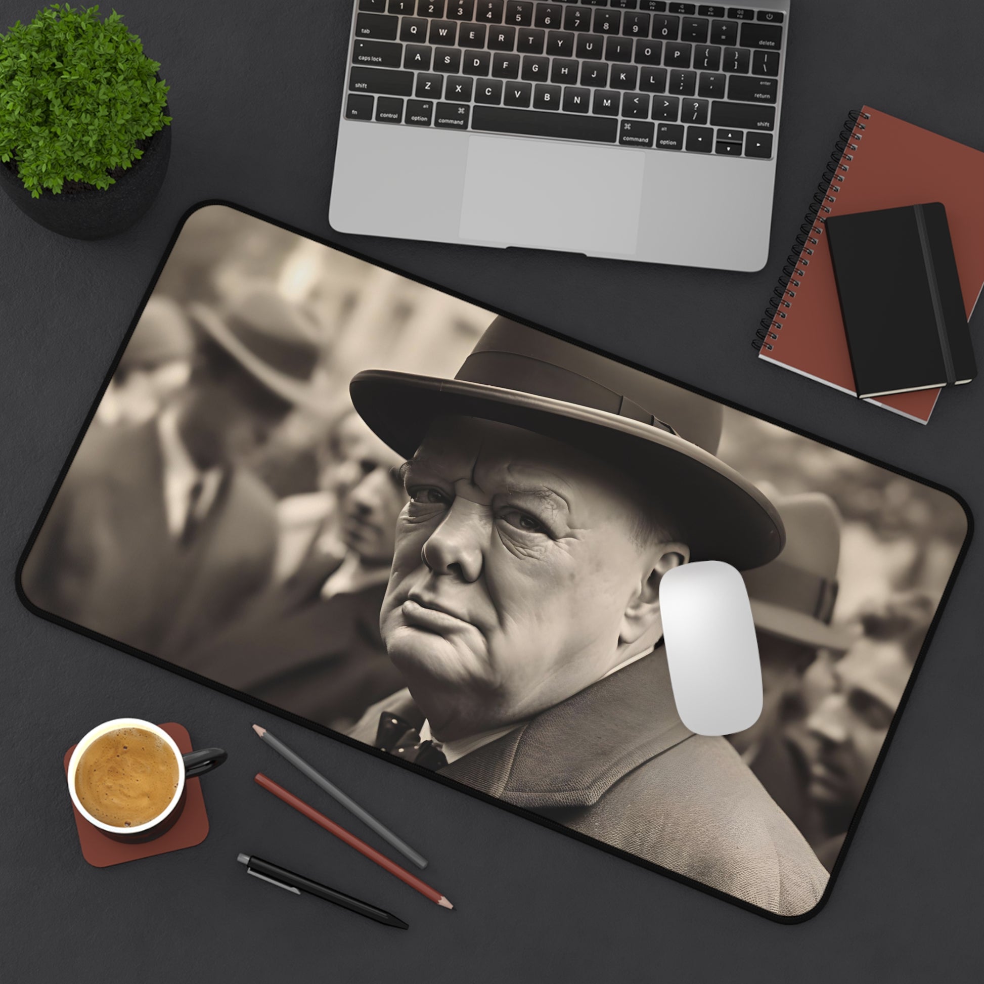 "Churchill's War Room Desk Mat - Transport to WWII London cityscape with iconic leader image. Perfect for history buffs"