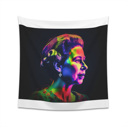 "Her Majesty's Neon Reign: Young Elizabeth Tapestry - Vibrant tribute to Queen Elizabeth II in watercolor and neon hues, perfect statement piece for any space"