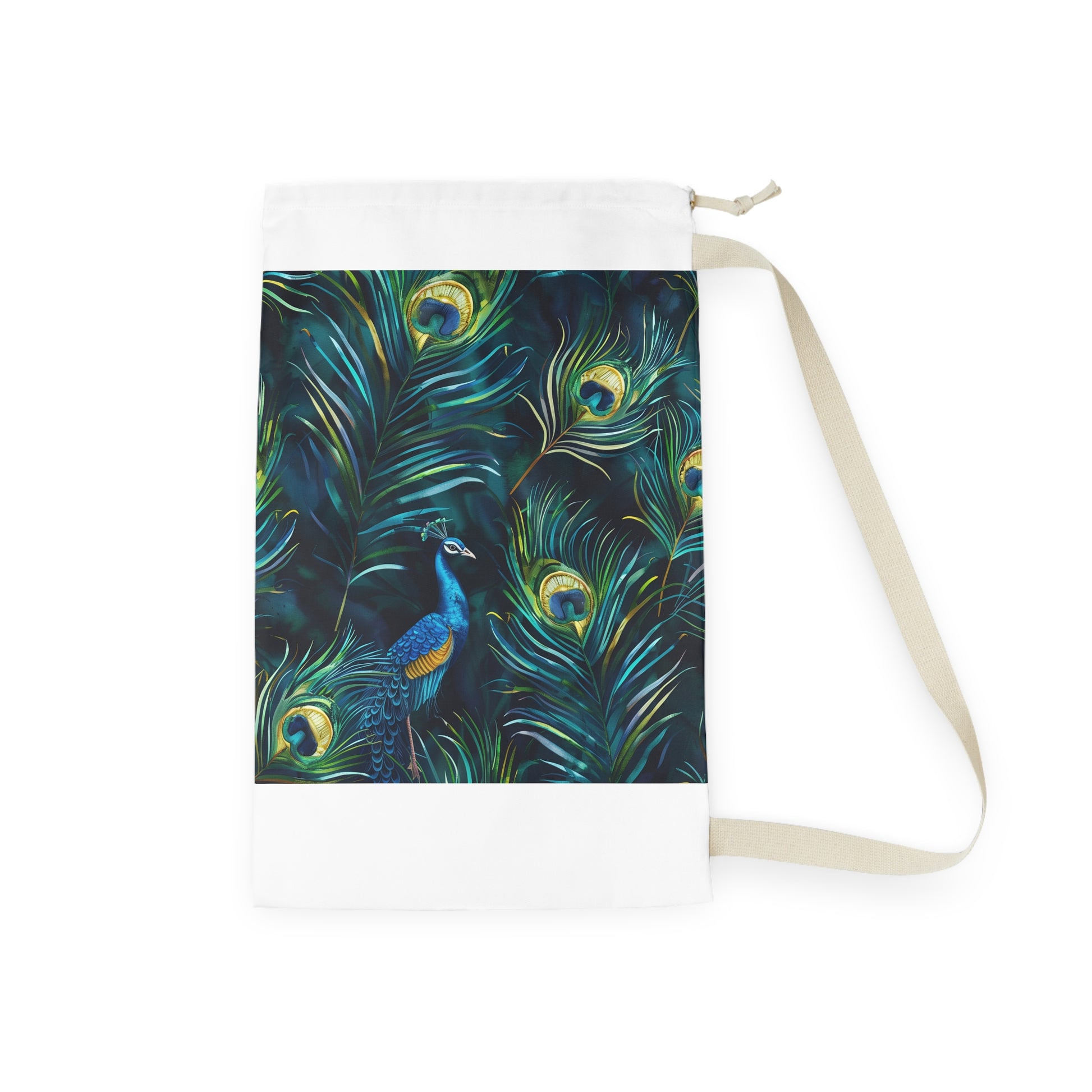 "Peacock Feathers Laundry Bag - Vibrant blue pattern adding elegance to laundry routine"