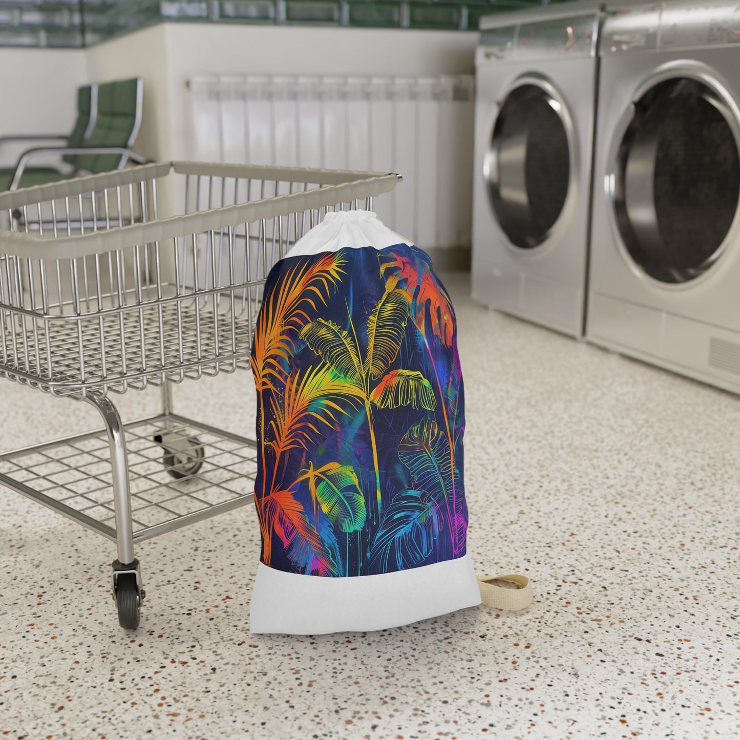 "Vibrant neon leaf laundry bag with tropical paradise design for stylish organization"