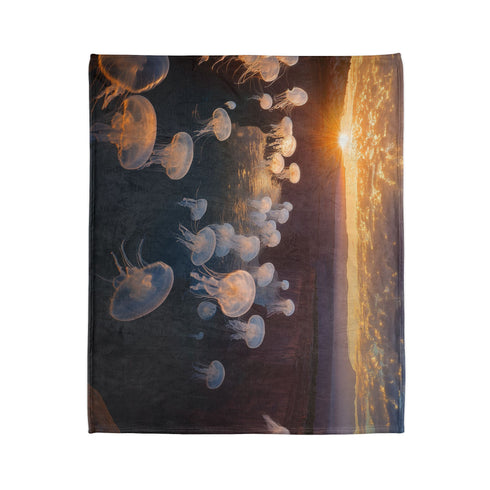 Sunset Canyon with Floating Bioluminescent Jellyfish — Plush Fleece Throw Blanket — Product Detail View 7