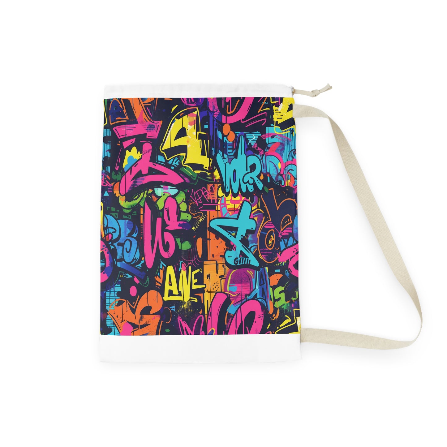 "Neon Graffiti Laundry Bag - Vibrant urban design, perfect for stylishly carrying laundry"