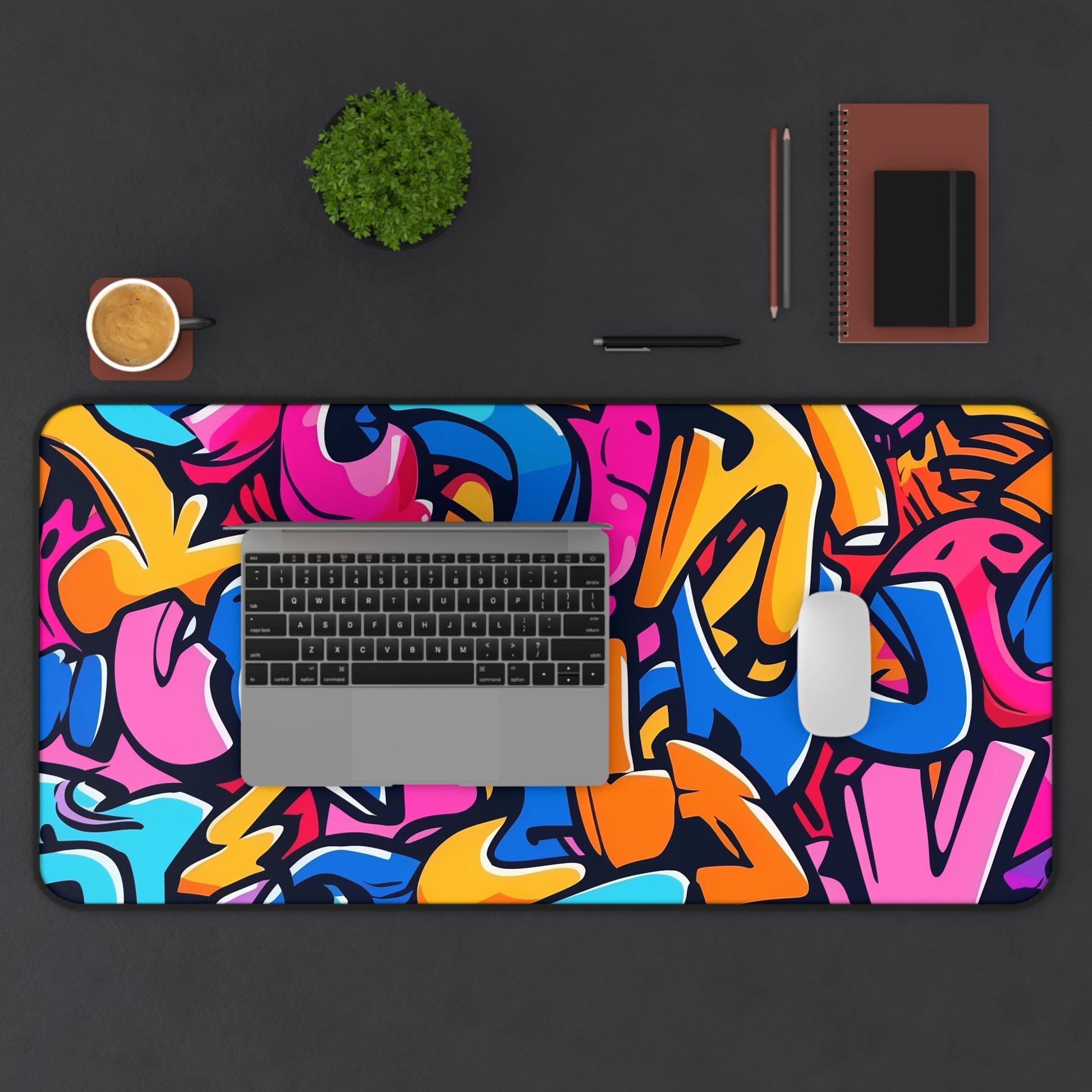 "Neon Graffiti Desk Mat - Bold and vibrant urban pattern for stylish workspace organization"