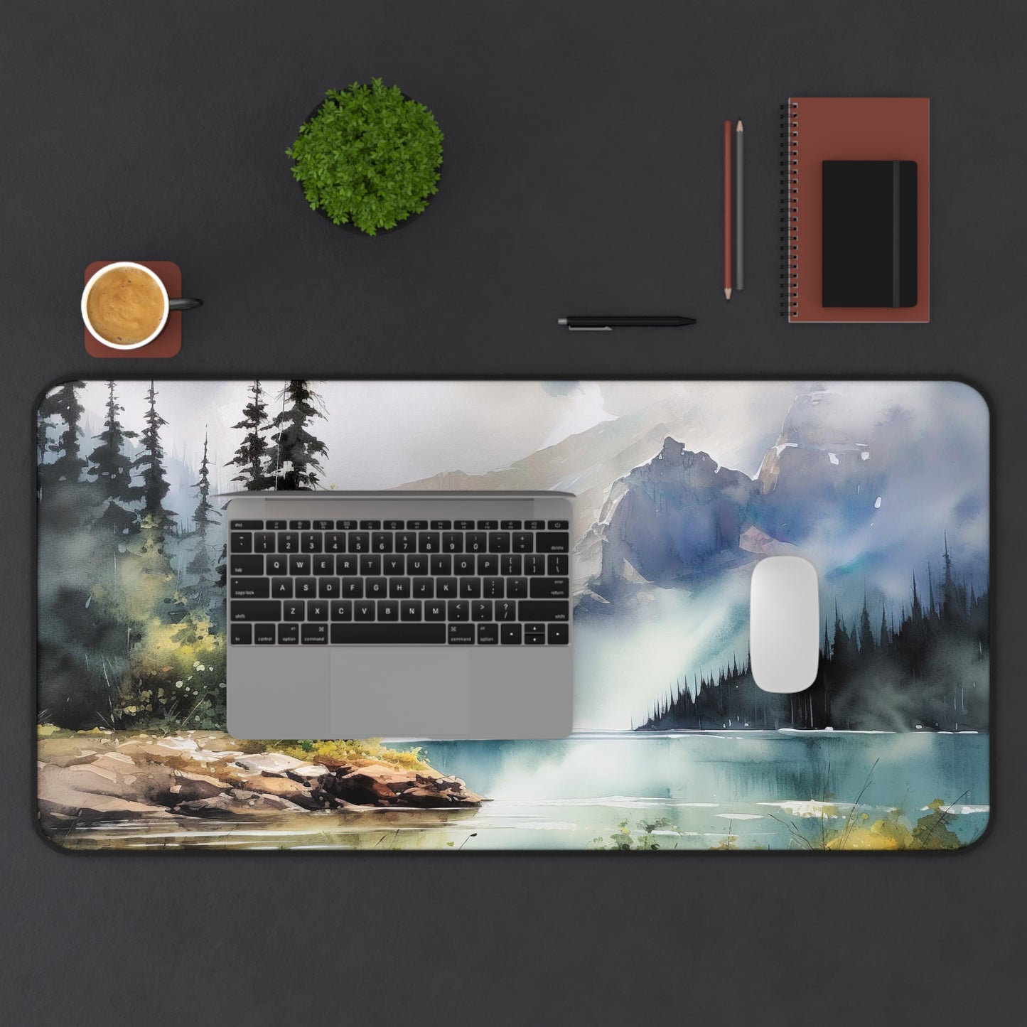 "Wilderness Lake Desk Mat - Tranquil forest scene for workspace productivity"