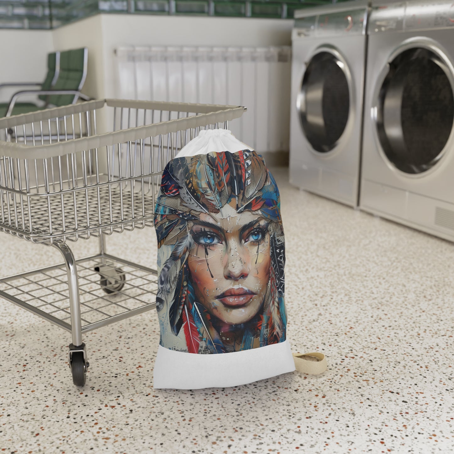 Bohemian feather laundry bag with stylish and whimsical design for chic laundry routine.