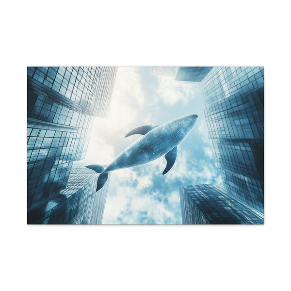 Glass Whale Swimming Through Skyscrapers — Canvas Wall Art — Living Room Wall Lifestyle View