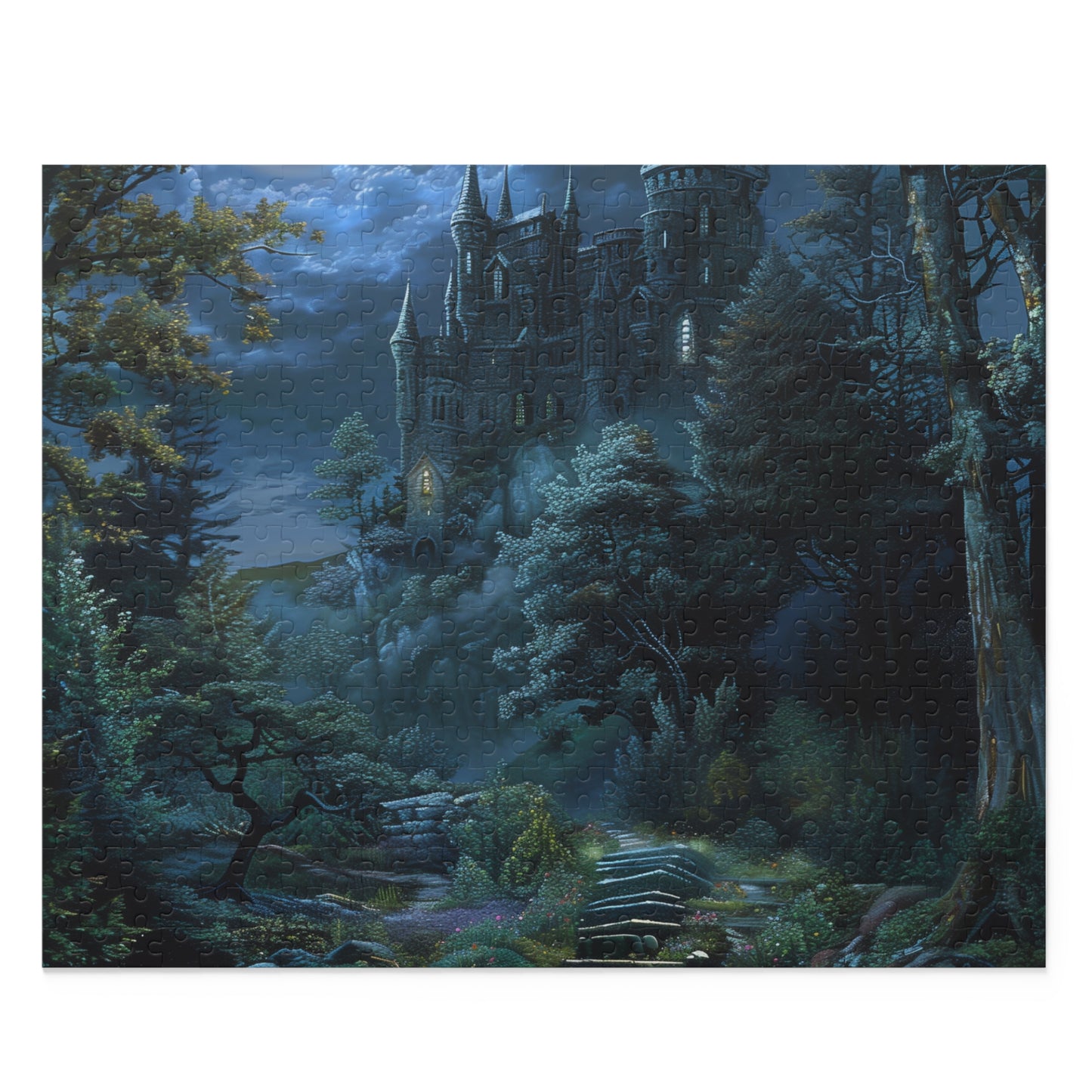 Moonlit Forest Fantasy Castle jigsaw puzzle with enchanting moonlit forest scene transports you to a magical world