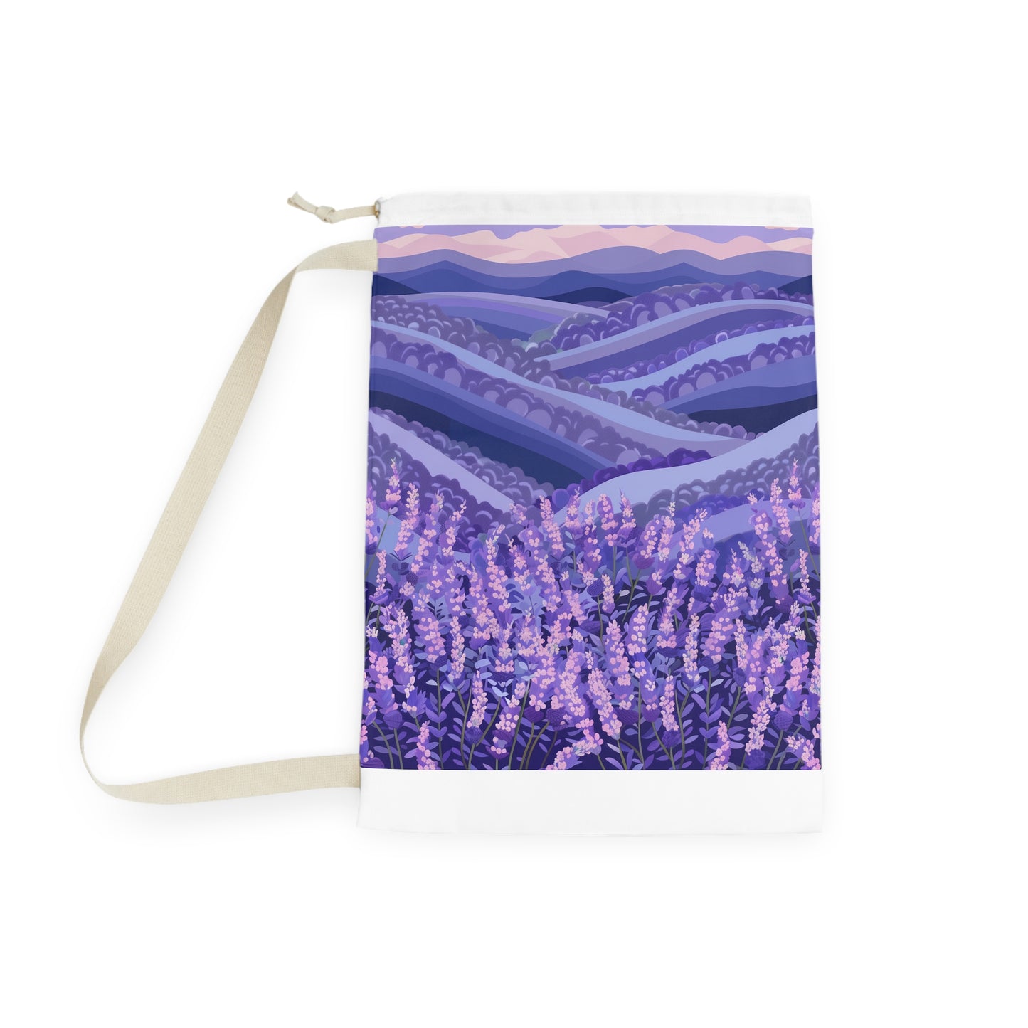 "Seamless lavender fields laundry bag with soothing scent and beautiful blooms"