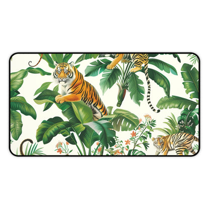 "Enhance your workspace with Tiger Jungle Safari Desk Mat, featuring seamless tiger pattern for adventurous vibes."