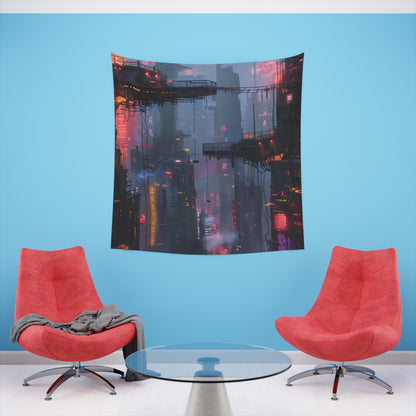 Cyberpunk City: A Neon Tapestry | Wall Tapestry | All Over Print, AOP, Decor, Halloween, Home & Living, Home Decor, Indoor, Spring Essentials, Sublimation, Tapestry | Prints with Passion