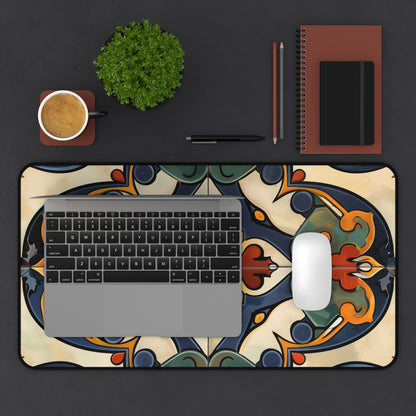 "Transform your workspace with Artisan Tiles desk mat, featuring traditional tile-inspired pattern for style and protection"