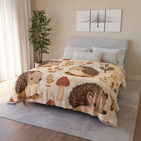 Woodland Hedgehogs & Toadstool Mushrooms Plush Fleece Throw Blanket - View 12 | Prints With Passion